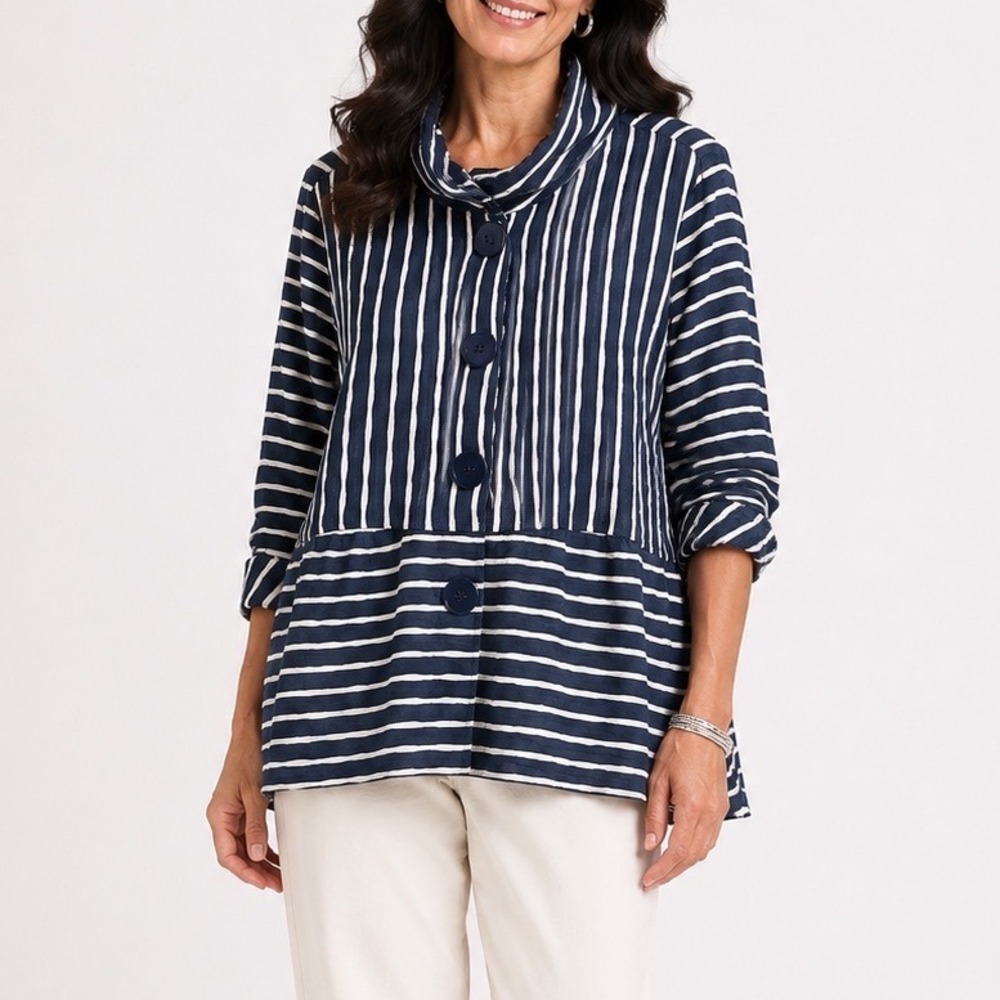Habitat Clothes to Live In Navy White Striped Funnel Neck Button Top Large 57105